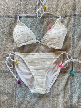 Xhilaration Cream Crochet Triangle Bikini with Pom Pom Accents